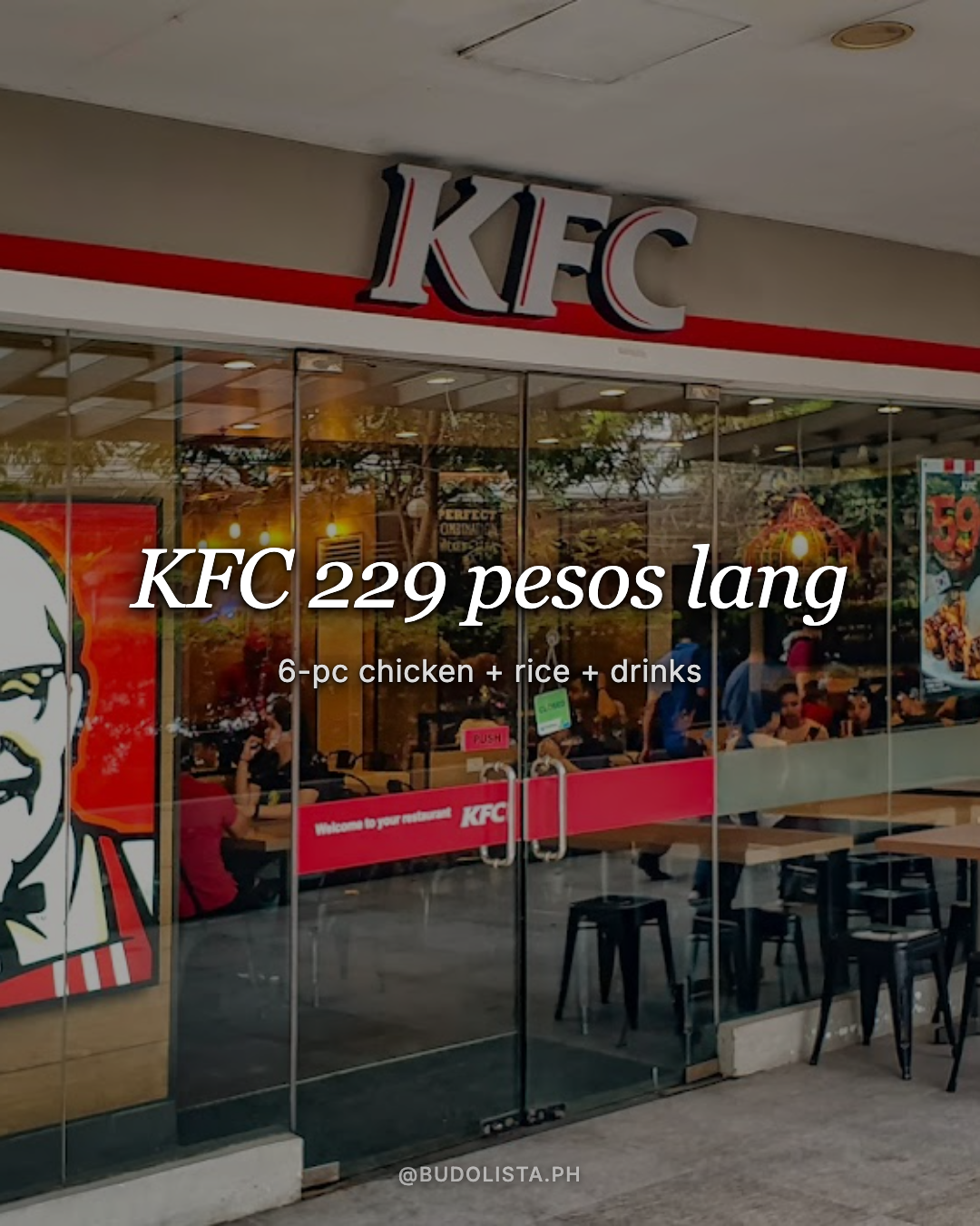 KFC 6pc chicken + rice + drinks for ₱229 lang?!